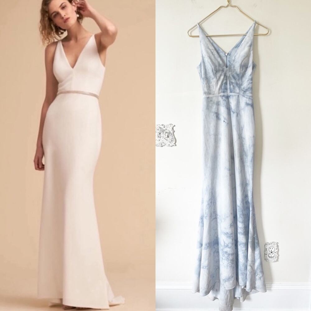 BHLDN Custom Blue and White Hand Dyed  Tie Dye Jones Dress Mermaid Bridal Gown 0